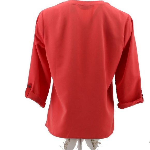 NWT LANDS' END PETITE ROLL TAB SLEEVE SPLIT NECK BLOUSE TOP CRIMSON DAWN 0P - Picture 4 of 8